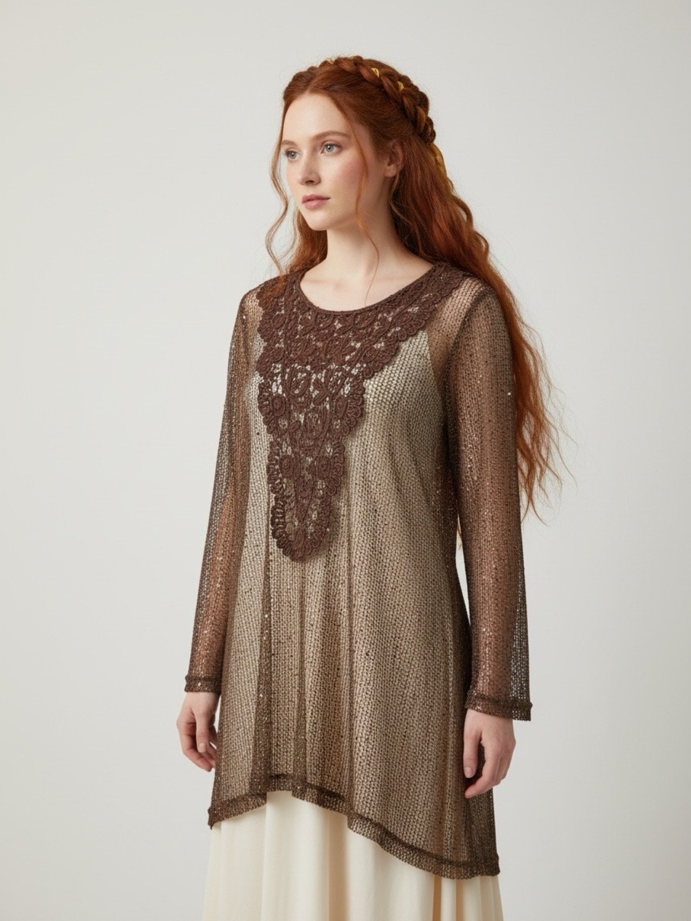 REN Fair Forest Fairy Brown Crochet Asymmetric Sequined Sheer Brown Top Womens
